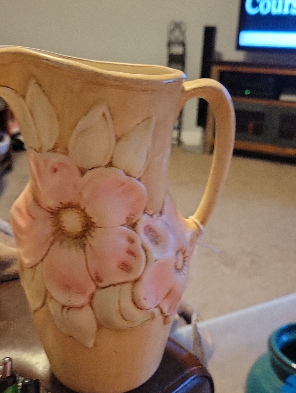 Floral Ceramic Pitcher with Pink Hand-Painted Flowers From Holland Mold